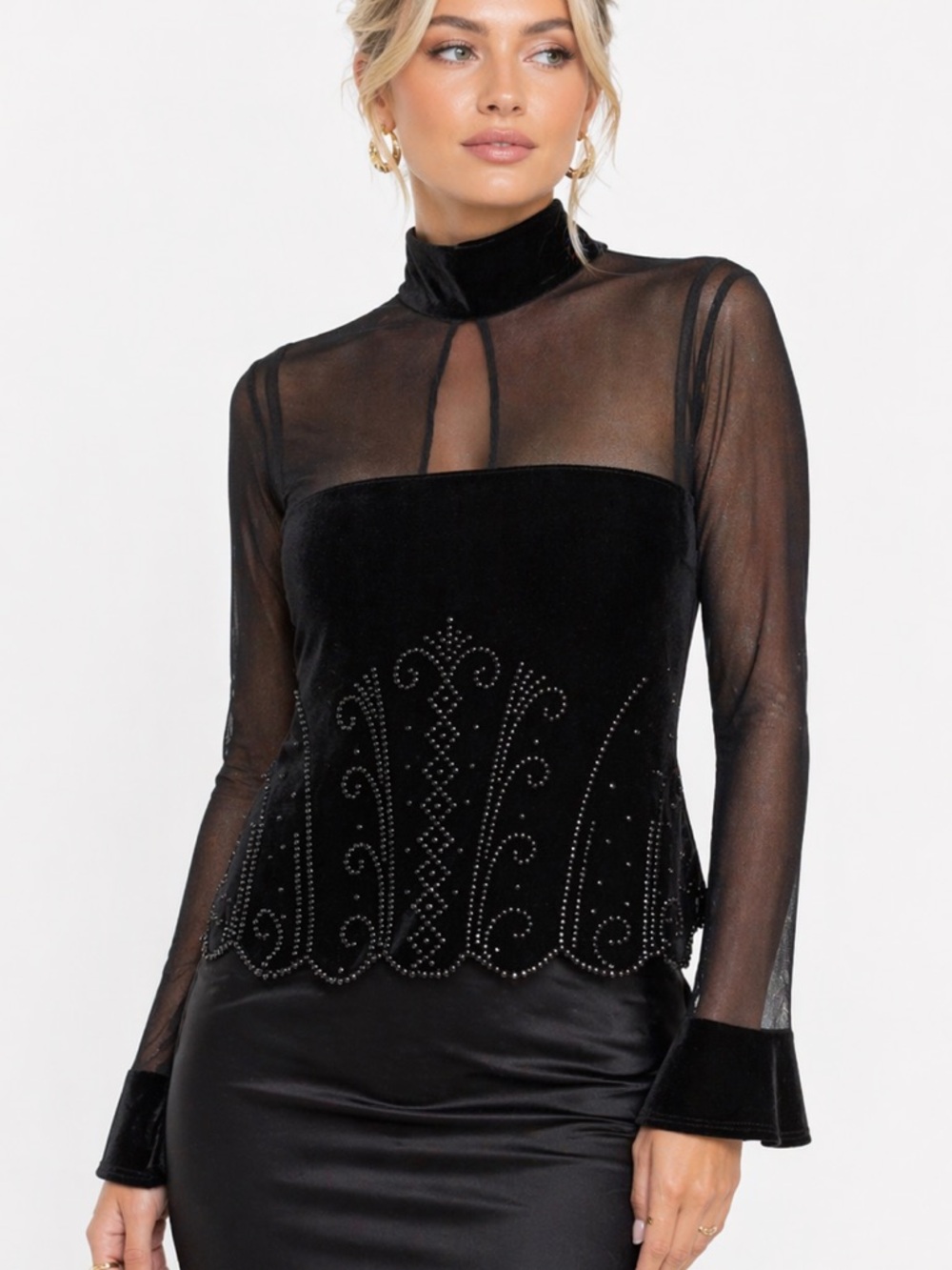 Black Velvet & Mesh High-Neck Women's Top